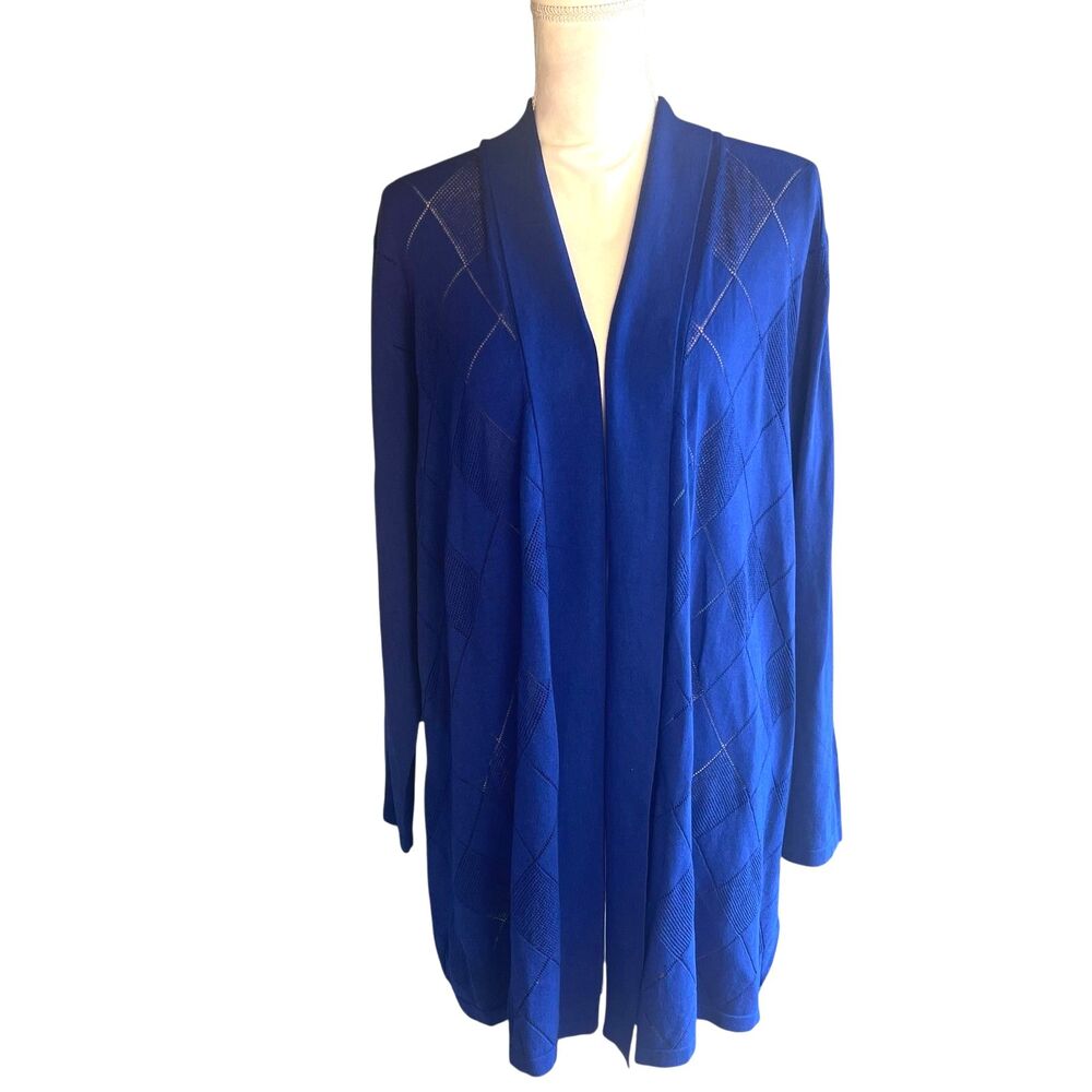 Womens 3X Argyle Diamond Cardigan Sweater Blue Open Front Lagenlook Office Work